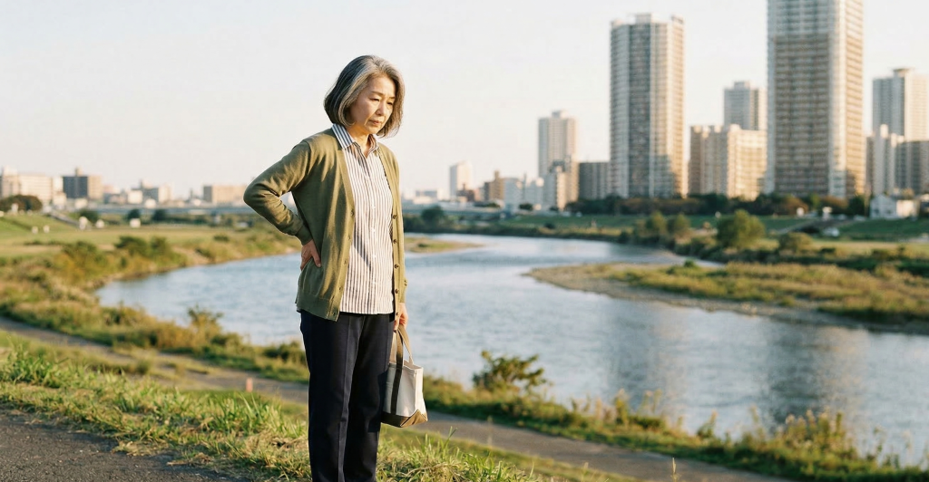 新丸子・武蔵小杉の街並み（多摩川沿いや駅周辺）を背景に、足腰」が重そう、身体が不調な60代、」シニア