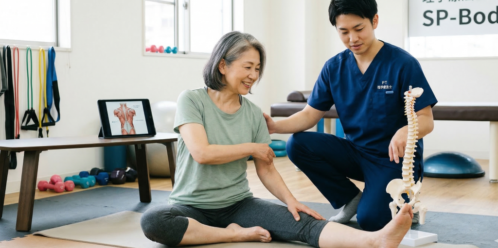 理学療法士、トレーナー、が骨格模型を使いながら、会員に「体のゆがみ」とトレーニングの効果を説明している様子