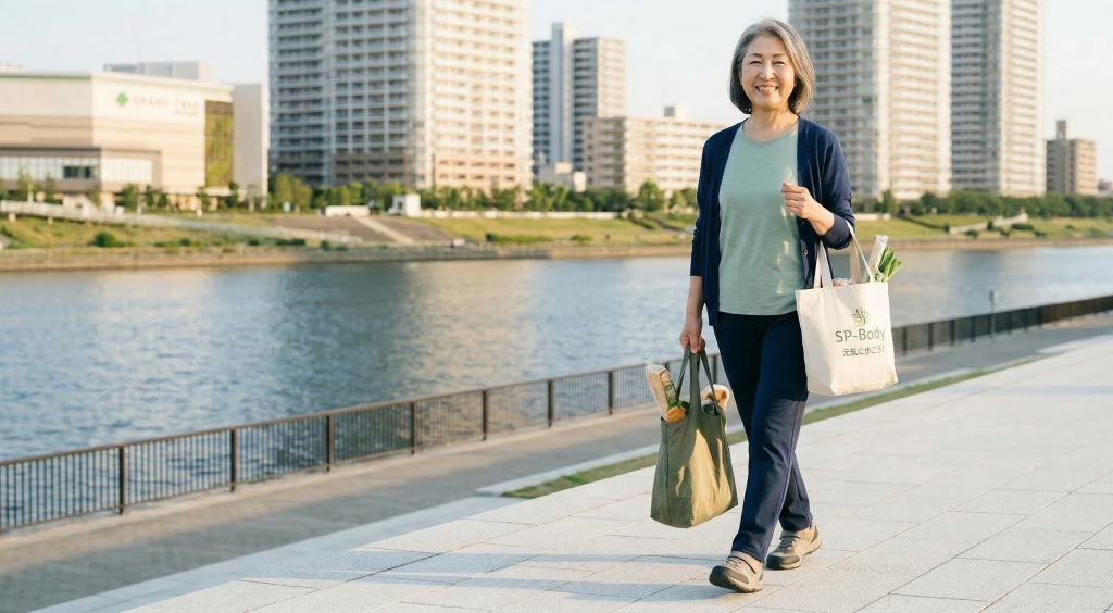 トレーニングを終えて、元気に歩いている60代、シニアの女性。