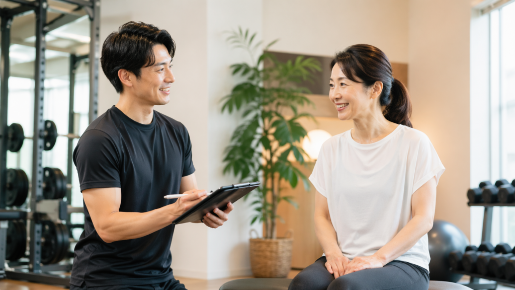 40〜50代の女性が、明るいパーソナルジムでトレーナーのサポートを受けながら安全に動作確認をしている様子